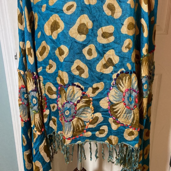 Beautiful Boho Embroidered Long Vest Purple Aqua Teal White Fringe - Picture 7 of 9